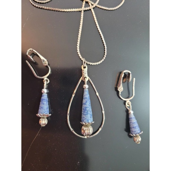 Handcrafted Jewelry Set Folded Paper Necklace CLIP Earrings Silver Denim Blue - Picture 1 of 7